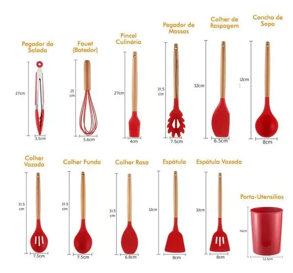 Kit Completo de Utensílios de Cozinha em Silicone - 12 Peças Antiaderentes e Livre de BPA com Suporte