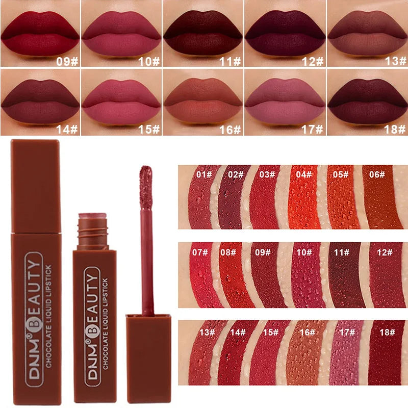 Batom Longa Duração Chocolate Brilho Labial Matte Lip Glaze Creme Batom Líquido Maquiagem Beleza Antiaderente Copo À Prova D'Água Cosmético