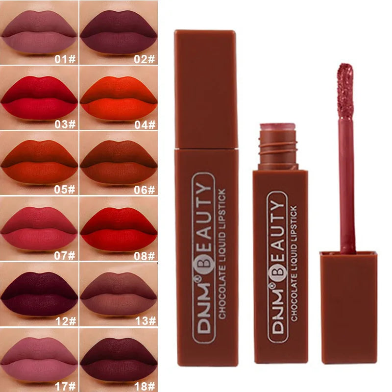 Batom Longa Duração Chocolate Brilho Labial Matte Lip Glaze Creme Batom Líquido Maquiagem Beleza Antiaderente Copo À Prova D'Água Cosmético