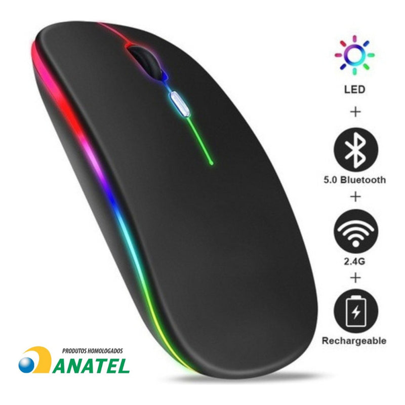 Mouse Sem Fio Recarregável 2.4GHz com Bluetooth e Luzes RGB